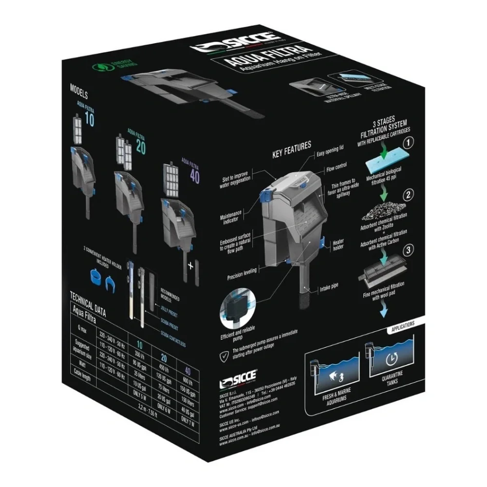 Sicce Aqua Filtra 10 Hang-On Aquarium Filter | Fresh & Saltwater | Up to 10 Gal